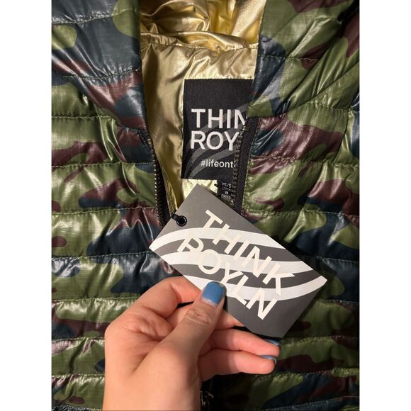 Think Royln Crop Hi Low Hoodie Poncho Green Camo Gold Duck Down XS/S NWT NEW - Picture 6 of 7